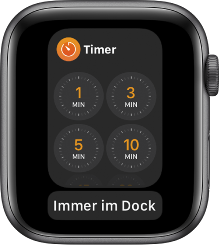 Bildschirm mit der App „Timer“ im Dock und der Taste „Im Dock behalten“ darunter.