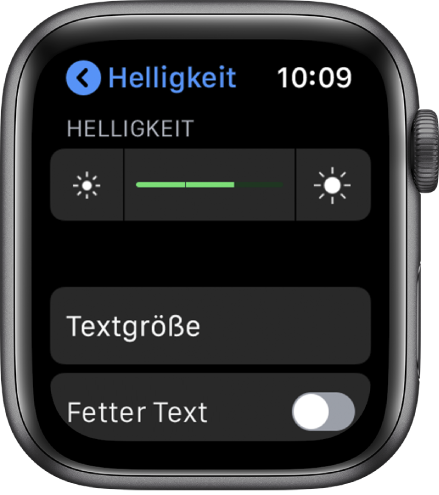Helligkeitseinstellungen auf der Apple Watch mit dem Helligkeitsregler oben, der Taste „Textgröße“ darunter und der Steuerung „Fetter Text“ unten.