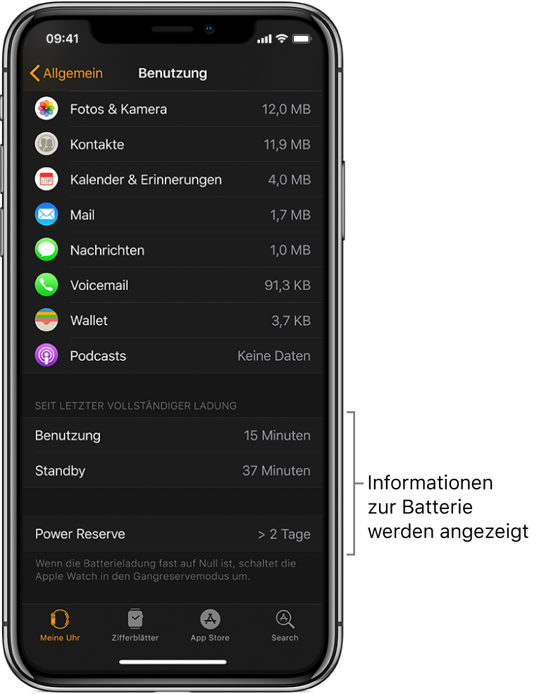 Im Bildschirm „Benutzung“ in der App „Apple Watch“ werden in der unteren Hälfte des Bildschirms die Batteriewerte für Benutzung, Standby und Gangreserve angezeigt.