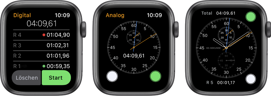 Drei Zifferblätter der Apple Watch mit drei unterschiedlichen Stoppuhren: Eine digitale Stoppuhr in der App „Stoppuhr“, eine analoge Stoppuhr in der App und die Stoppuhr-Steuerungen, die im Chronograph verfügbar sind.