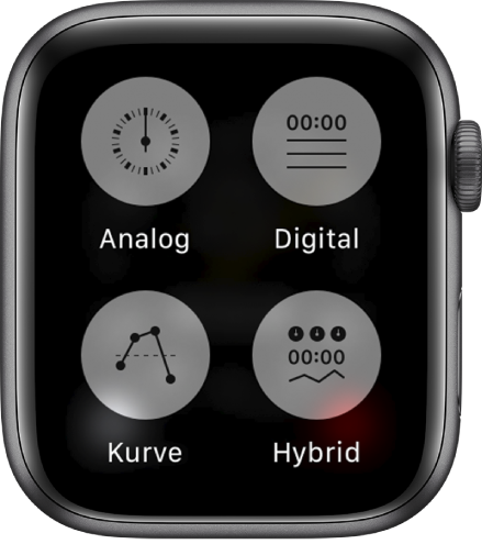 Wenn die App „Stoppuhr“ geöffnet ist und das Display gedrückt wird, zeigt der Bildschirm vier Tasten, die es ermöglichen, das Format einzustellen: Analog, Digital, Graph oder Hybrid.