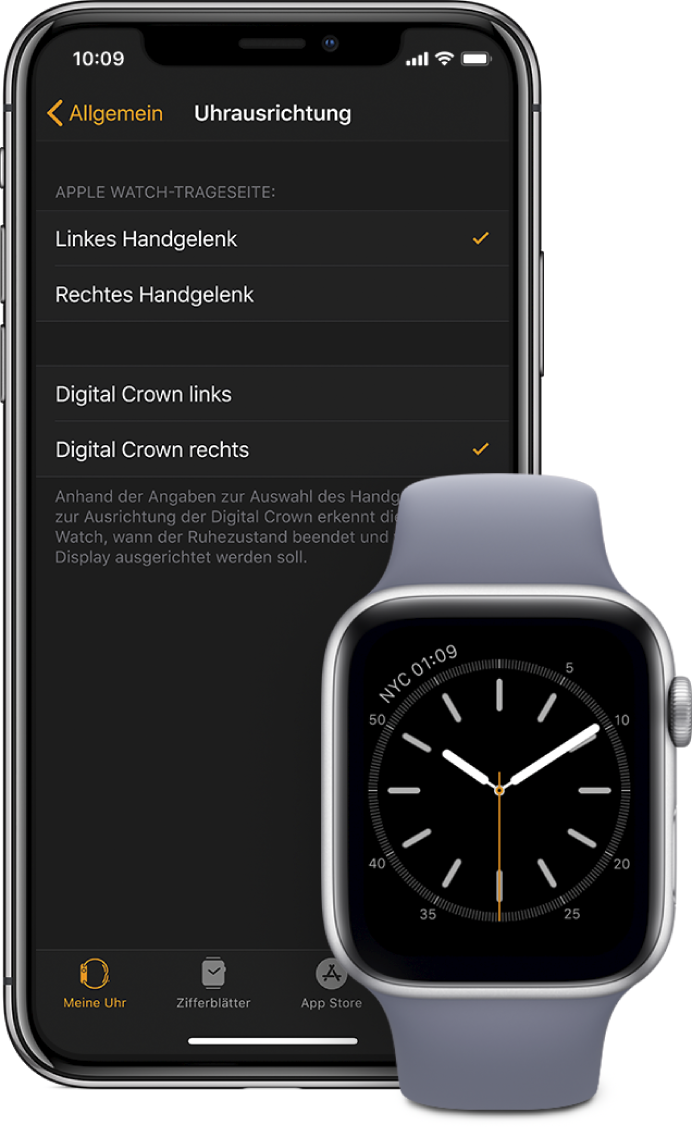 Bildschirmvergleich mit den Ausrichtungseinstellungen in der App „Apple Watch“ auf dem iPhone und auf der Apple Watch. Du kannst die Einstellungen für Handgelenk und Digital Crown ändern.
