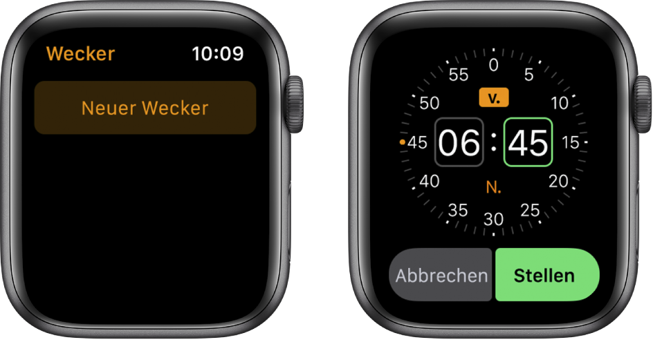 Zwei Screenshots, die die Vorgehensweise zum Hinzufügen eines Weckers zeigen: Tippe auf „Wecker hinzufügen“, drehe die Digital Crown, um die Zeit anzupassen, und tippe auf „Stellen“.