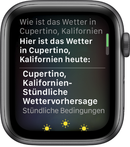 Ein Siri-Bildschirm Oben steht die Frage „Wird es heute in Berlin regnen?“ Die Antwort darunter lautet „Hier ist das Wetter heute in Berlin“, gefolgt von einem Diagramm mit den stündlichen Wetterbedingungen für Berlin.