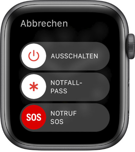 Bildschirm der Apple Watch mit drei Reglern: „Ausschalten“, „Notfallpass“ und „Notruf SOS“