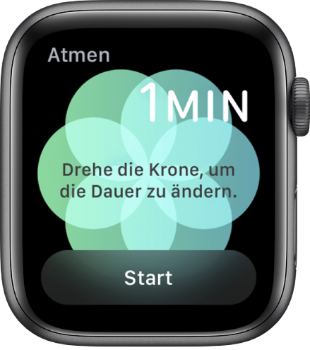Der Bildschirm der App „Atmen“, auf dem oben rechts eine Dauer von einer Minute angezeigt wird und unten rechts die Taste „Start“.