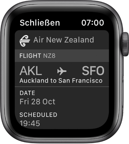 Apple Watch, auf der eine Bordkarte zu sehen ist