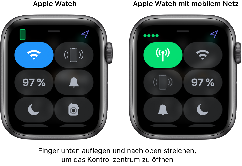 Zwei Bilder: Apple Watch ohne Mobilfunkverbindung links mit geöffnetem Kontrollzentrum. Die Taste „Mobiles Netz“ befindet sich oben links, die Taste „iPhone anpingen“ oben rechts, den Batteriestatus in der Mitte links, die Taste „Stummmodus“ in der Mitte rechts, die Taste „Nicht stören“ unten links und „Walkie-Talkie“ unten rechts. Das rechte Bild zeigt eine Apple Watch mit Mobilfunkverbindung. Im Kontrollzentrum siehst du die Taste „Mobiles Netz“ oben links, die Taste „WLAN“ oben rechts, die Taste „iPhone anpingen“ in der Mitte links, den Batteriestatus in der Mitte rechts, die Taste „Stummmodus“ unten links und die Taste „Nicht stören“ unten rechts.