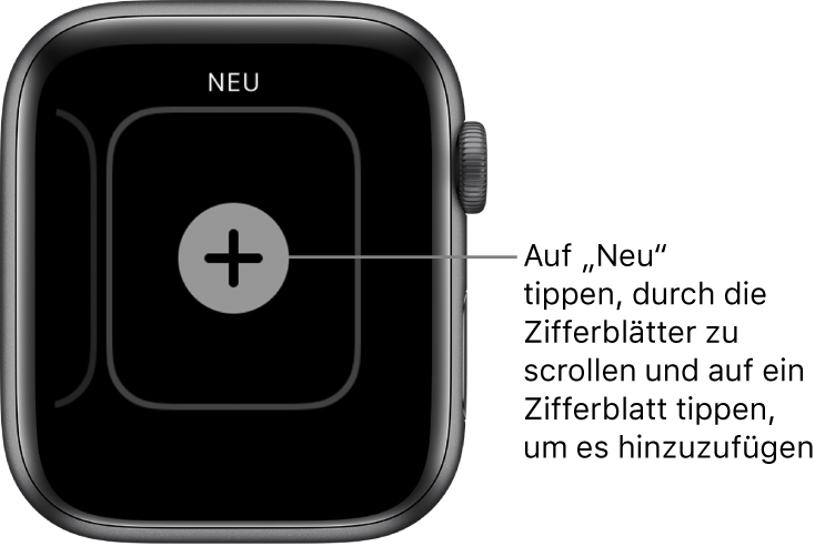 Bildschirm für neue Zifferblätter mit einer Plustaste in der Mitte. Tippe, um ein neues Zifferblatt hinzufügen.