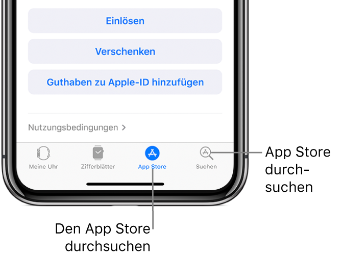 Screenshot des unteren Bereichs der App „Apple Watch“ auf dem iPhone mit vier Tabs: Links der Tab „Meine Uhr“, mit den Einstellungen für die Apple Watch, daneben „Zifferblätter“, in dem du nach verfügbaren Zifferblätter und Komplikationen suchen kannst, rechts daneben „App Store“, in dem du Apps für die Apple Watch laden kannst, und ganz rechts „Suchen“, mit dem du nach Apps im App Store suchen kannst.