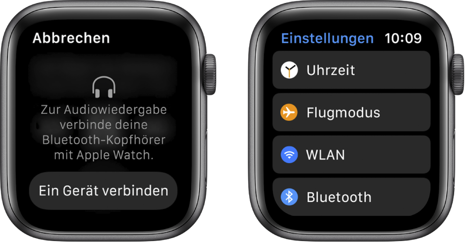 Wenn du als Musikquelle die Apple Watch wählst, bevor du Bluetooth-Lautsprecher oder -Kopfhörer gekoppelt hast, erscheint die Taste „Ein Gerät verbinden“ in der Bildschirmmitte, die die Bluetooth-Einstellungen auf deiner Apple Watch öffnet, in denen du ein Audiogerät auswählen kannst.