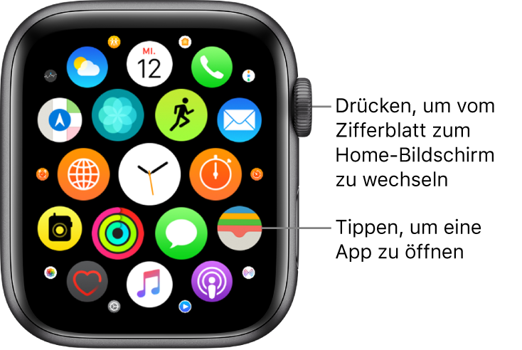 Home-Bildschirm in Rasterdarstellung auf der Apple Watch, mit Apps in einer Gruppe. Tippe auf eine App, um sie zu öffnen. Bewege den Finger, um weitere Apps anzuzeigen.