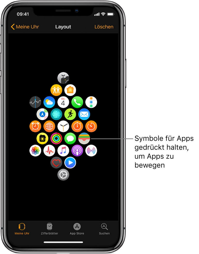 Der Bildschirm „Layout“ der App „Apple Watch“ mit in einem Raster angeordneten Apps. Die Legende zu einer App lautet sinngemäß: „Durch Ziehen mit dem Finger kannst du Apps an andere Positionen bewegen.“