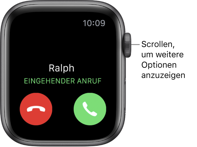 Der Apple Watch-Bildschirm, wenn du einen Anruf erhältst: der Name des Anrufers, die Wörter „Eingehender Anruf“ und die rote Taste „Ablehnen“ und die grüne Taste „Annehmen“