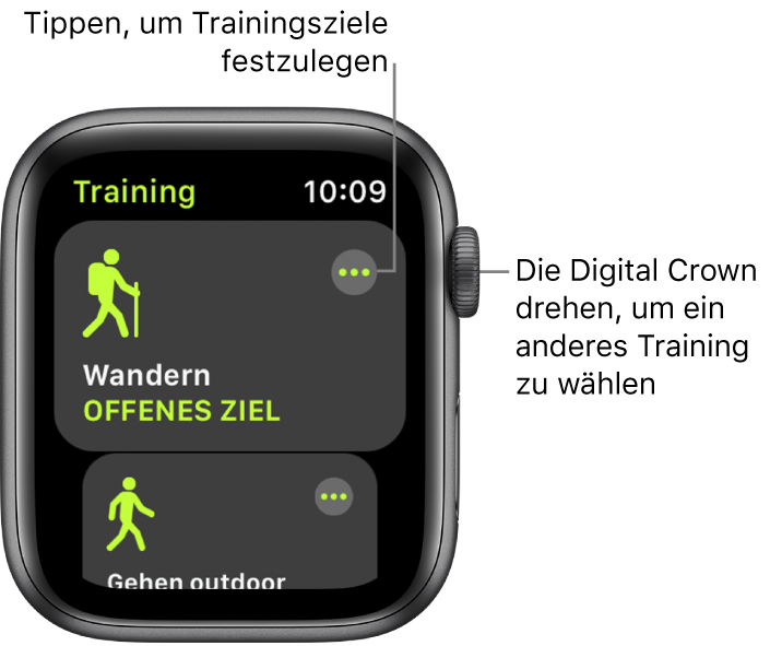 Der Trainingsbildschirm mit hervorgehobenem Wandertraining Die Taste „Mehr“ befindet sich oben rechts. Ein Teil des Outdoor-Lauftrainings darunter.