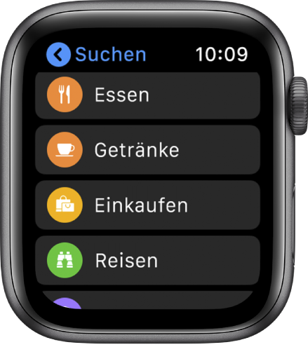 Die App „Karten“, die eine Liste von Kategorien anzeigt: Essen, Trinken, Einkaufen, Urlaub und weitere.