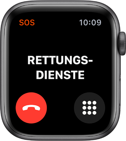 Der Bildschirm „Rettungsdienste“ mit „Verbinden“ oben. Die Taste zum Trennen der Verbindung befindet sich unten links und die Taste „Ziffernblock“ befindet sich unten rechts.