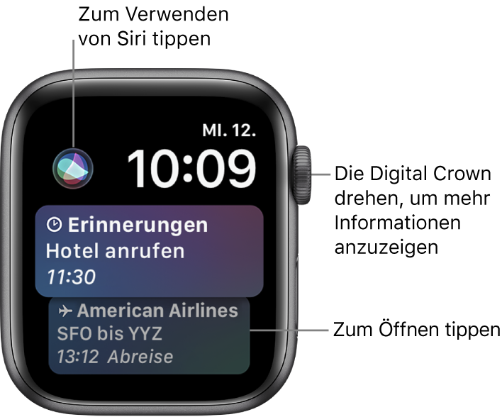 Das Siri-Zifferblatt mit einer Erinnerung sowie einer Bordkarte. Oben links im Bildschirm befindet sich die Siri-Taste. Datum und Uhrzeit befinden sich oben rechts.