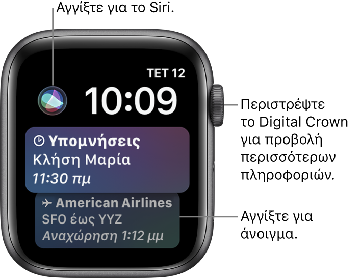 Η πρόσοψη ρολογιού «Siri» που εμφανίζει μια υπόμνηση και μια κάρτα επιβίβασης. Ένα κουμπί «Siri» βρίσκεται στην πάνω αριστερή γωνία της οθόνης. Η ημερομηνία και η ώρα εμφανίζονται πάνω δεξιά.