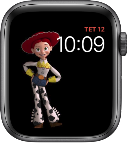 Η πρόσοψη ρολογιού «Τόι Στόρι» δείχνει την ημέρα, την ημερομηνία και την ώρα πάνω δεξιά και μια κινούμενη Τζέσυ στο μέσο αριστερά τμήμα της οθόνης.
