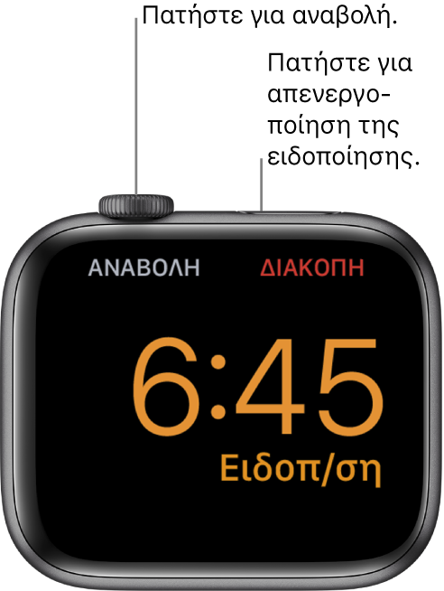 Ένα Apple Watch τοποθετημένο στο πλάι, με την οθόνη να εμφανίζει ένα ξυπνητήρι που έχει χτυπήσει. Κάτω από το Digital Crown εμφανίζεται η λέξη «Αναβολή». Η λέξη «Διακοπή» εμφανίζεται κάτω από το πλευρικό κουμπί.