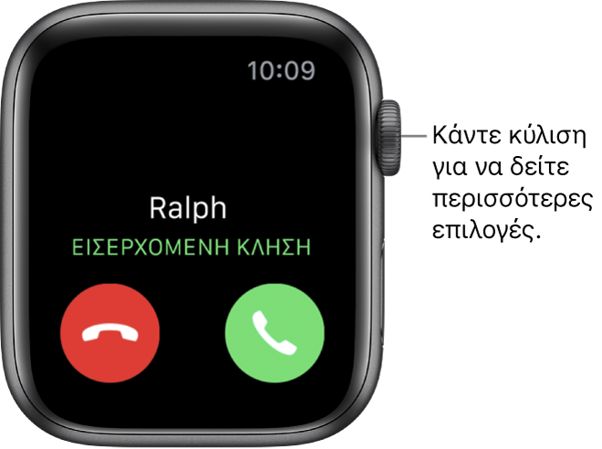 Η οθόνη του Apple Watch όταν λαμβάνετε μια κλήση: το όνομα του καλούντος, οι λέξεις «Εισερχόμενη κλήση», το κόκκινο κουμπί Απόρριψης και το πράσινο κουμπί Απάντησης.