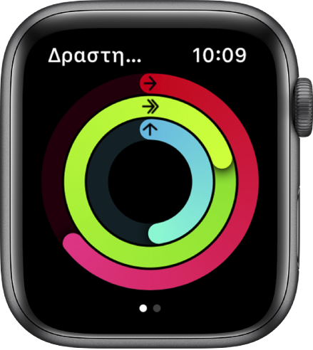 Η οθόνη Δραστηριότητας όπου φαίνονται οι τρεις κύκλοι—Κίνηση, Άσκηση και Ορθοστασία.
