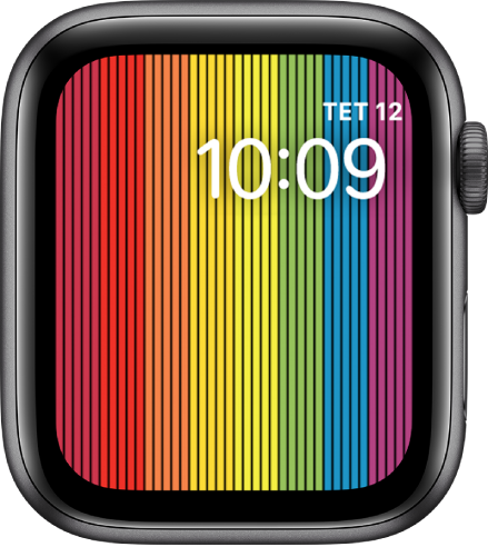 Η πρόσοψη ρολογιού «Περηφάνια ψηφιακό» όπου φαίνονται κατακόρυφες λωρίδες χρωμάτων ουράνιου τόξου με την ημέρα, την ημερομηνία και την ώρα πάνω δεξιά.