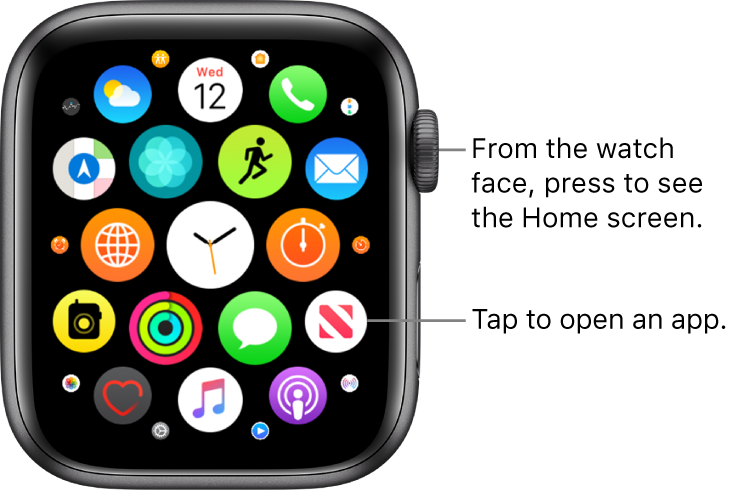 Home screen in grid view on Apple Watch, with apps in a cluster. Tap an app to open it. Drag to see more apps.