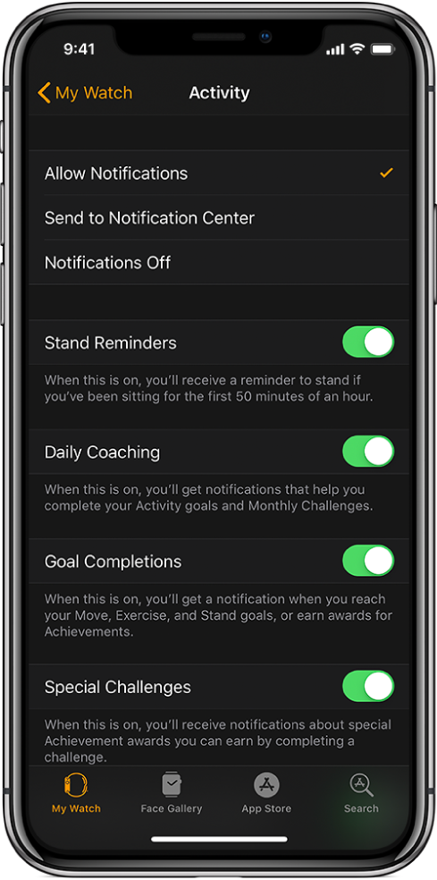 The Activity screen in the Apple Watch app, where you can customize the notifications you want to get.