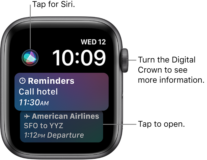 The Siri watch face showing a reminder and a boarding pass. A Siri button is at the top-left of the screen. The date and time are at the top right.