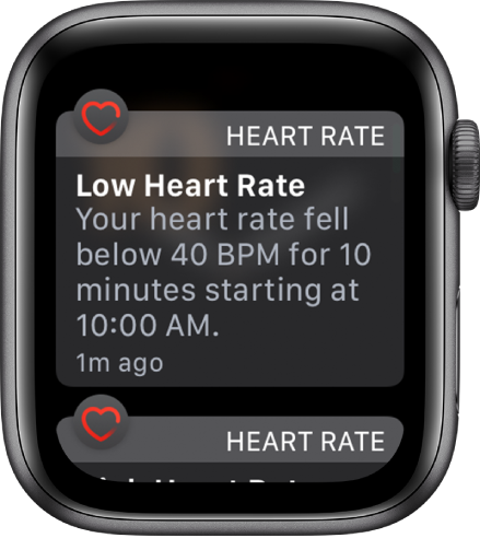 A Heart Rate Alert screen indicating that a low heart rate has been detected.
