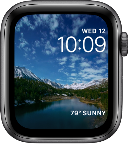 The Timelapse watch face shows timelapse video of a scenic locale. At the bottom is the Weather complication.