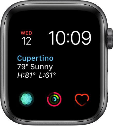The Modular watch face, where you can adjust the color of the watch face. It shows three subdial complications along the bottom: Breathe, Activity, and Heart Rate.