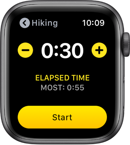 The goal screen showing the time near the top, with – and + buttons on either side, and the Start button at the bottom.