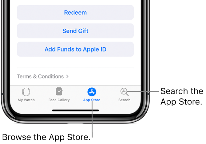Bottom of the Apple Watch app screen on iPhone, showing four tabs: the left tab is My Watch where you go for Apple Watch settings; next is the Face Gallery where you can explore available watch faces and complications; then the App Store where you can download apps for Apple Watch; and last is Search where you can find an app in the App Store.