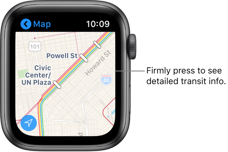 The Maps app showing transit details, including routes and stop names.