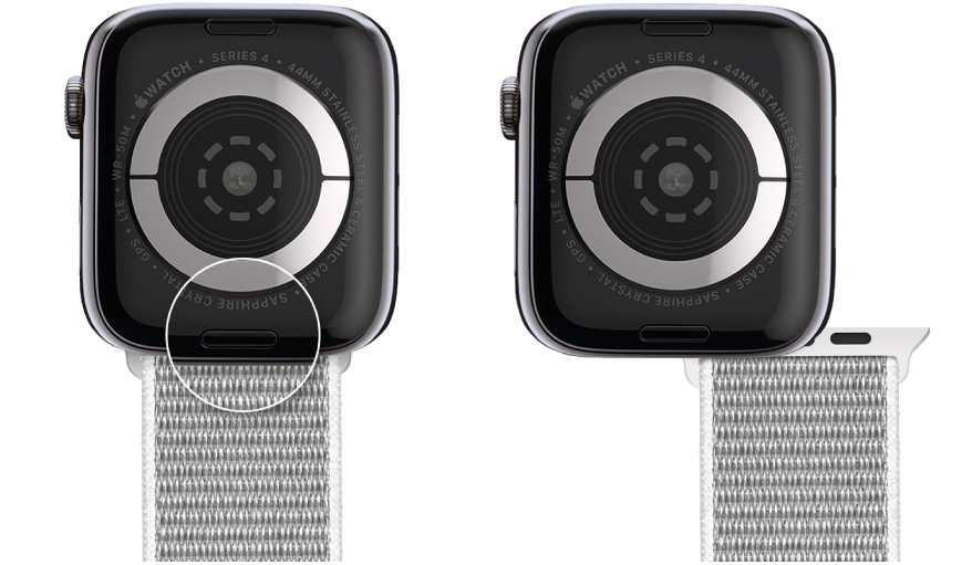 Two images of Apple Watch. The image on the left shows the band release button. The image on the right shows a watch band partially inserted into the band slot.