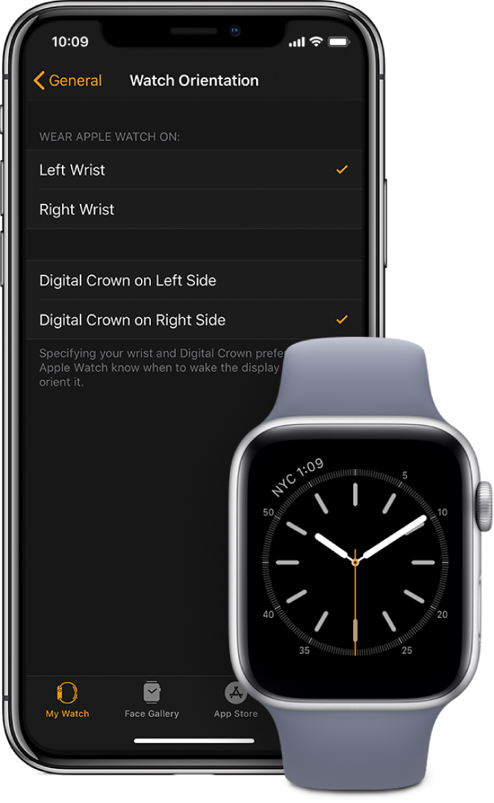 Side by side screens showing the Orientation settings in the Apple Watch app on iPhone and on Apple Watch. You can set your wrist and Digital Crown preference.