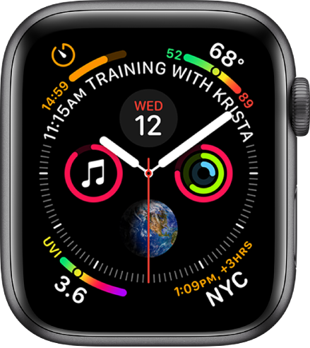 The Infograph watch face showing complications in each corner and four subdials in the middle. A calendar event is displayed on a curve above the clock dial.