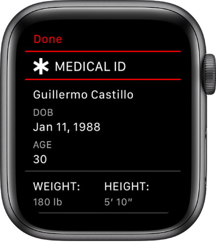 The Medical ID screen showing the user’s name, date of birth, age, weight, and height.