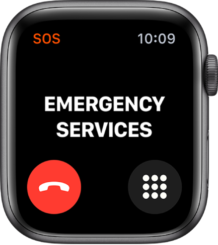 The Emergency Services screen shows Connecting near the top. A disconnect call button is at the bottom left and a keypad button at the bottom right.