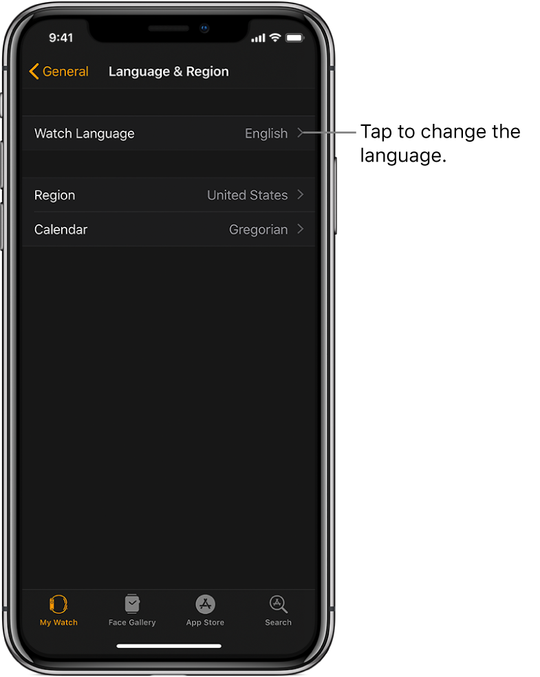 The Language & Region screen in the Apple Watch app, with the Watch Language setting near the top.