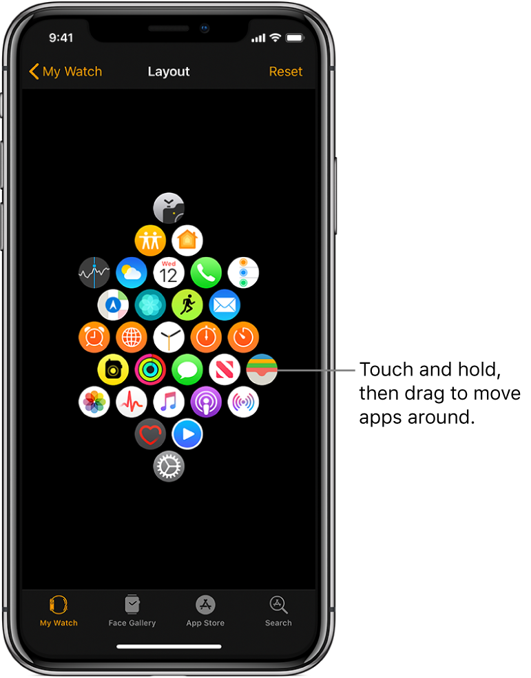 The Layout screen in the Apple Watch app showing a grid of icons. A callout points to an app icon and reads, “Touch and drag to move apps around.”