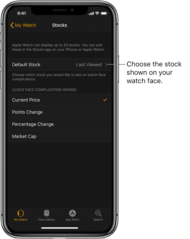 The Stock settings screen in the Apple Watch app on iPhone, showing options for choosing your Default Stock, which is set to Last Viewed.