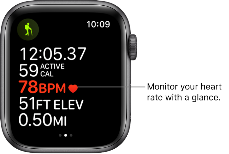 A screen showing workout stats, including elapsed time and heart rate. The callout reads, “Monitor your heart rate with a glance.”