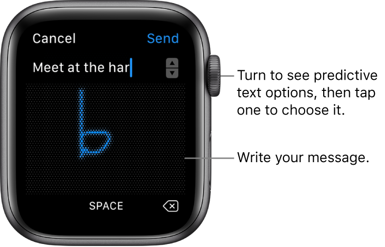 The screen where you scribble a message reply. Predictive text options appear at the top, and you write your message in the center.