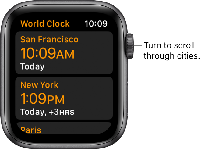 The World Clock app with list of cities and scroll bar.