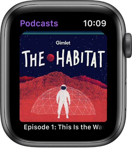 A Podcasts screen showing a large tile with the name of the podcast. The name of an episode appears below.