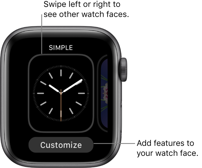 When you firmly press the watch face, you see the current watch face with a Customize button at the bottom. Swipe left or right to see other watch face options. Tap Customize to add the features you want.